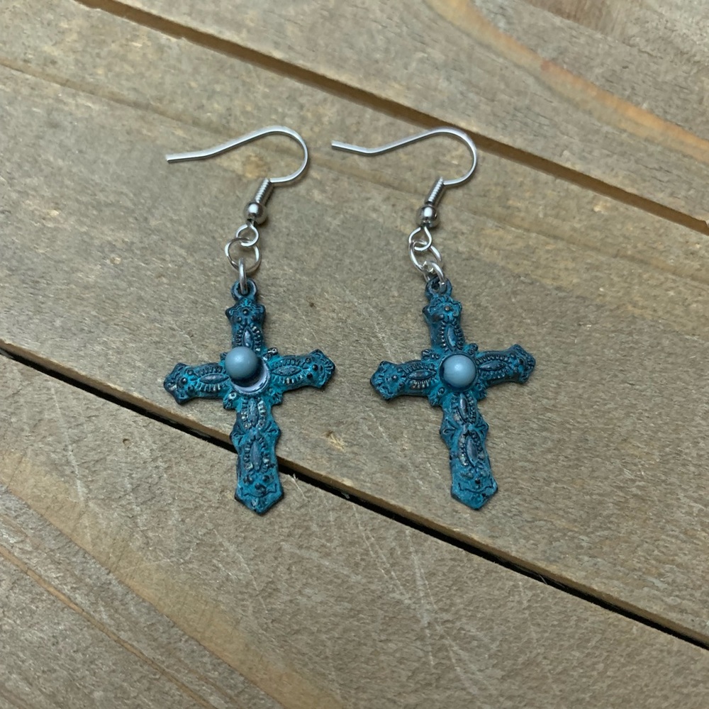 3 for $25 Handmade Blue & Silver Cross Earrings - Picture 1 of 1
